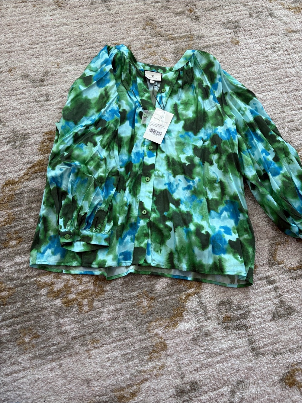 Tuckernuck Green and Blue Watercolor Button-Down Blouse
